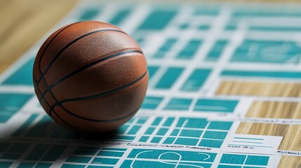 Close-up of a basketball resting on a teal design plan.