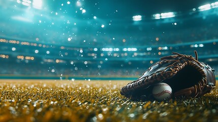 Baseball glove and ball on the field at night.