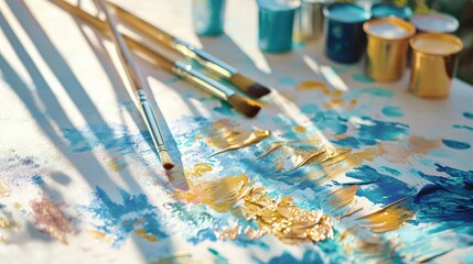 Fototapeta premium Painting with a blue background and gold paint