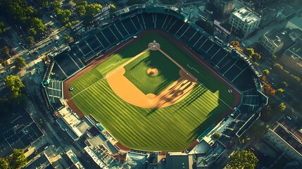 Aerial view of a baseball stadium bathed in the warm glow of sunset. The vibrant green of the field contrasts beautifully with the stadium's dark seats.