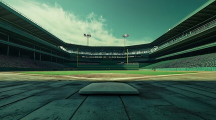 Fototapeta premium Empty baseball stadium, home plate view. Green field, stands, and sky.