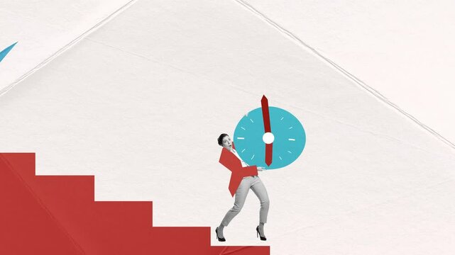 Young woman, employee carrying giant clock on stairs symbolizing business deadlines and professional challenges. Stop motion, animation. Concept of business, success, growth, career development