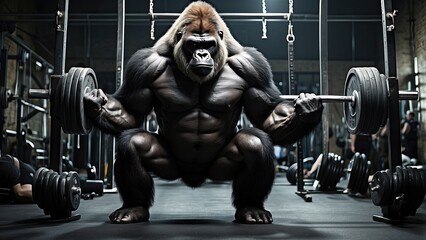 A strong gorilla demonstrating strength and power in a gym by hoisting a huge barbell. Themes of fitness, willpower, and animalism are conveyed by this unusual image.-