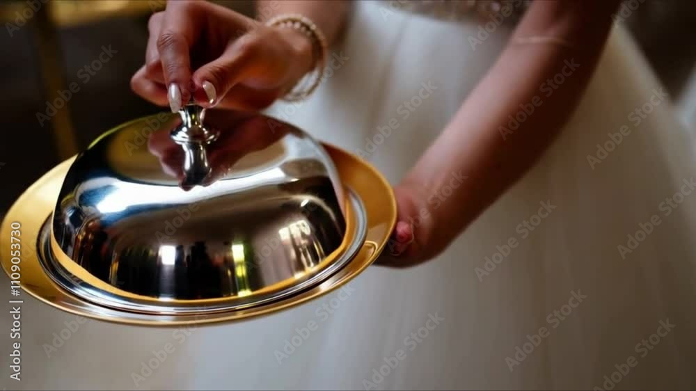 Wall mural Hand holding Silver serving cloche raised above empty golden plate, cut out	