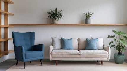 Fototapeta premium Modern Living Room with Stylish Sofa and Elegant Plants. An inviting modern living room featuring a comfortable sofa, accent pillows, stylish chair, and vibrant indoor plants on a minimalist...