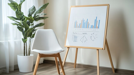 Fototapeta premium modern workspace featuring chair, plant, and presentation board