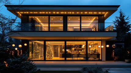 Fototapeta premium Decorated modern house illuminated with holiday lights during evening time