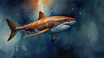 Fototapeta premium A majestic shark glides gracefully through deep blue ocean waters with splashes of color highlighting its powerful form capturing the beauty of marine life