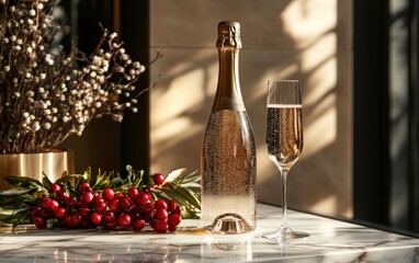 Fototapeta premium Elegant sparkling wine bottle and glass on a marble table with festive decorations in soft sunlight