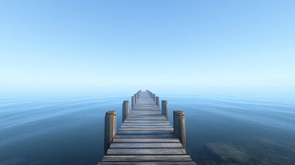 Fototapeta premium serene wooden pier extending into calm blue waters under clear sky