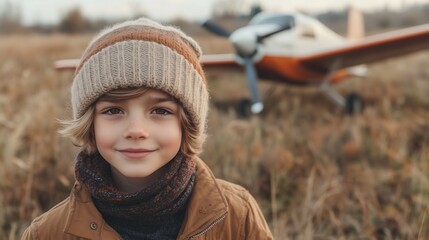 The boy dreams of becoming a pilot. The boy in front of the plane in the field