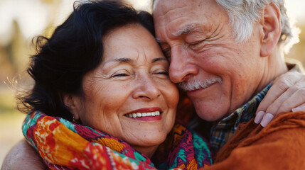 Loving senior older couple embracing and laughing together, elderly man and woman celebrating joyful moments in retirement