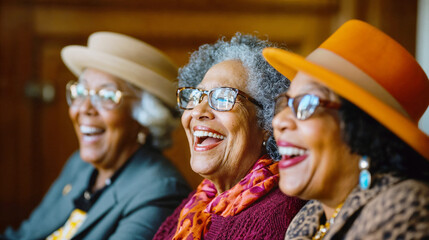 Mature older black women bonding over laughter and stories, retired elderly ethnic African American diverse friends laughing and feeling healthy in retirement, smart and sophisticated