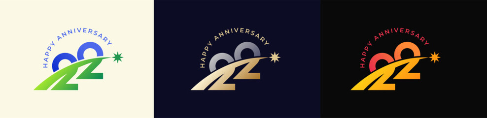 Logo Anniversary with Rising star 22th, 22th Happy Anniversary with Colorful Gradient, Luxury Gold and Silver.