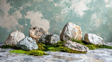 Serene Composition of Stone and Moss on Soft Pastel Background