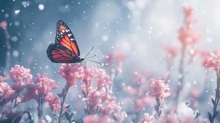 a butterfly resting on a blooming spring flower, soft background of melting snow and budding plants