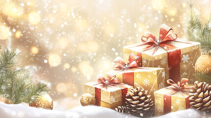 Festive Christmas gifts with snow, pinecones, and golden bokeh lights