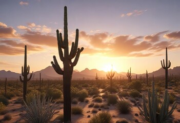 Arizona desert landscape with majestic saguaro cactus at sunset, dry land, saguaro cactus