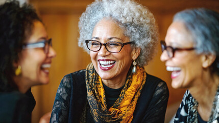 Mature older black women bonding over laughter and stories, retired elderly ethnic African American diverse friends laughing and feeling healthy in retirement, smart and sophisticated