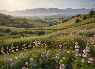 Clusters of crop flowers in the foreground with rolling hills and fields in background, yellow flowers, landscape, blue sky