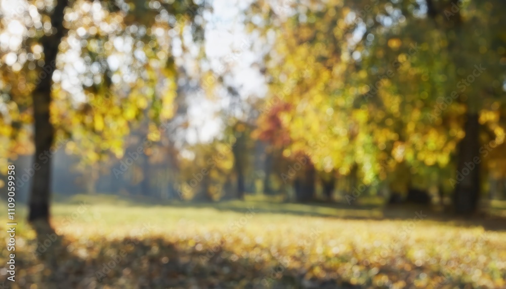 Aufkleber Serene Autumn Forest Scene Capturing Sunlit Yellow Leaves in Sharp Focus with Soft Blurred Background, Ideal for Nature Blogs, Meditation Themes, or Seasonal Marketing Concepts
