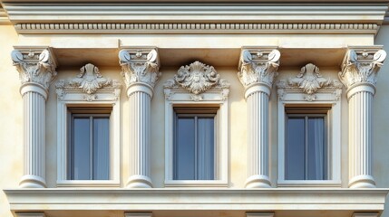 Fototapeta premium Elegant Facade: Architectural Detail of Classic Columns and Windows