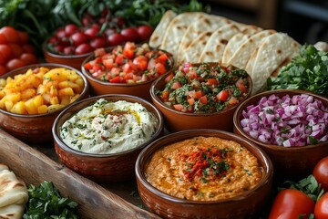 Fototapeta premium Fresh Mediterranean spread featuring assorted dips, fresh vegetables, and warm flatbreads at a lively gathering