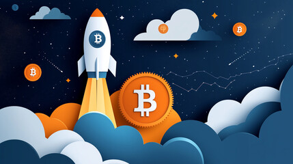 Bitcoin rocket flying to the moon. Crypto currencies bull market concept. Paper Art 3D style.