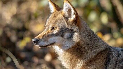 Fototapeta premium A coyote is shown in profile, illuminated by soft light as it stands alert in a dark environment during the golden hour, showcasing its natural beauty and curiosity.
