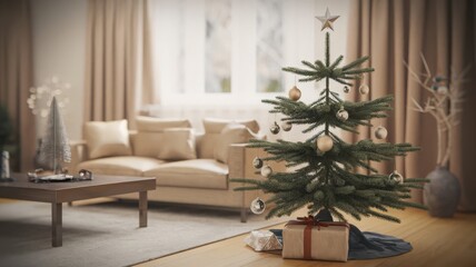 Fototapeta premium Cozy Living Room Christmas Decor with Tree and Presents. A beautifully decorated Christmas tree in a cozy living room, featuring elegant ornaments and wrapped gifts. Perfect for holiday-them...