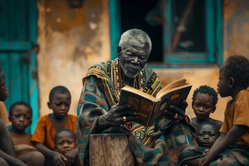 Fototapeta premium An elder reads a story to captivated children in a vibrant cultural setting.