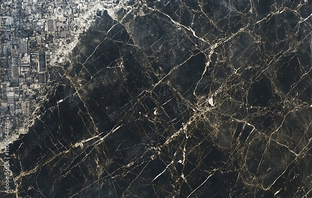 Poster a close-up view of a textured surface, featuring dark tones with intricate light veins, resembling m