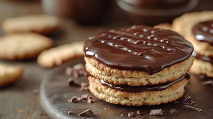 Delicious chocolate-coated cookies stacked on a wooden platter ready for dessert