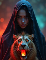 a veiled sorceress with smooth facial features and a roaring lion's head in front of her, red blue green yellow purple orange white colors, three-dimensional life, lights and rays