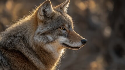 Obraz premium A coyote is shown in profile, illuminated by soft light as it stands alert in a dark environment during the golden hour, showcasing its natural beauty and curiosity.