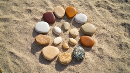 Obraz premium A circular arrangement of various stones on sand, resembling a flower design.