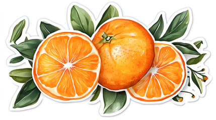Tangerine Fruit with leaves, hand drawn doodle sketch. Flat illustration Food template for nursery design, sticker, logo, diet concept, farmers market. Whole fruit and cut half, slice