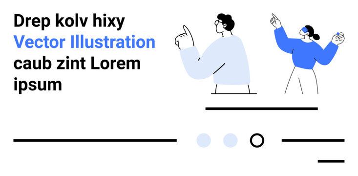 Characters pointing and gesturing, text elements, lines, circles. Ideal for tech, communication, teamwork, digital platforms, education, minimalism web design Landing page