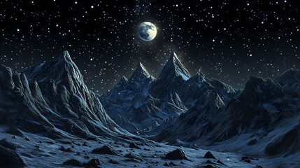 Fototapeta premium A Serene Night Landscape with Majestic Mountains Under a Starry Sky and a Bright Full Moon Casting Silver Light on the Snowy Terrain