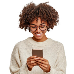 Young woman, joyfully typing on her smartphone, her eyes gleaming with happiness, on a transparent background