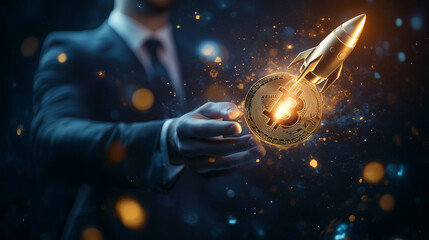 Businessman with Bitcoin rocket flying to the moon. Crypto currencies bull market concept. Paper Art 3D style.