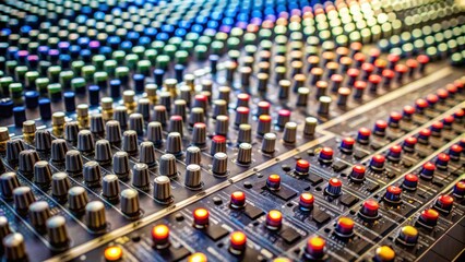 Close-up shot of a sound board with multiple knobs , Music production, audio visual, equipment, mixing board