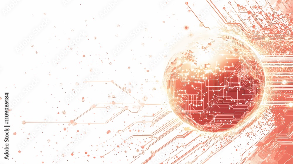 Fototapete abstract representation of a digital sphere surrounded by circuit lines and data streams in warm col