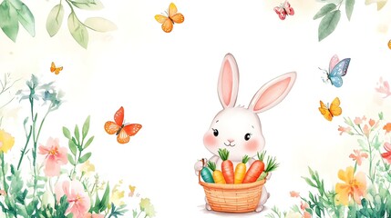 Fototapeta premium Cute watercolor bunny holding a basket of carrots surrounded by flowers and butterflies.