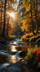 Obraz premium Vibrant autumn forest with sunset river flowing through.