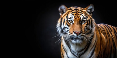 Obraz premium Tiger standing confidently with a striking black background, wildlife, predator, feline, black, fierce, powerful, majestic