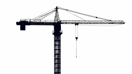 Black silhouette of a construction crane against a bright background, symbolizing urban development, engineering, and industrialization in modern architecture projects