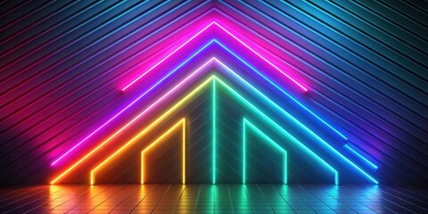 Fototapeta premium Colorful neon ascending arrow in abstract minimalist geometric background, render, abstract, minimalist, geometric, colorful