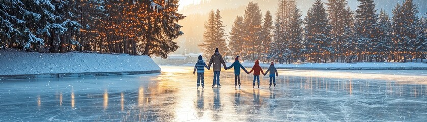 Family Enjoying Ice Skating on a Frozen Lake Surrounded by Frosty Trees and Winter Sunset Glow