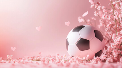 Fototapeta premium Valentine’s Day Themed Background with Soccer Ball and Copy Space Amidst Pink Petals and Hearts - Romantic Sports Decor